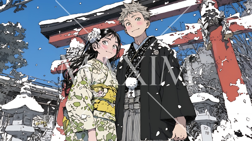 初詣をしている若い恋人カップル