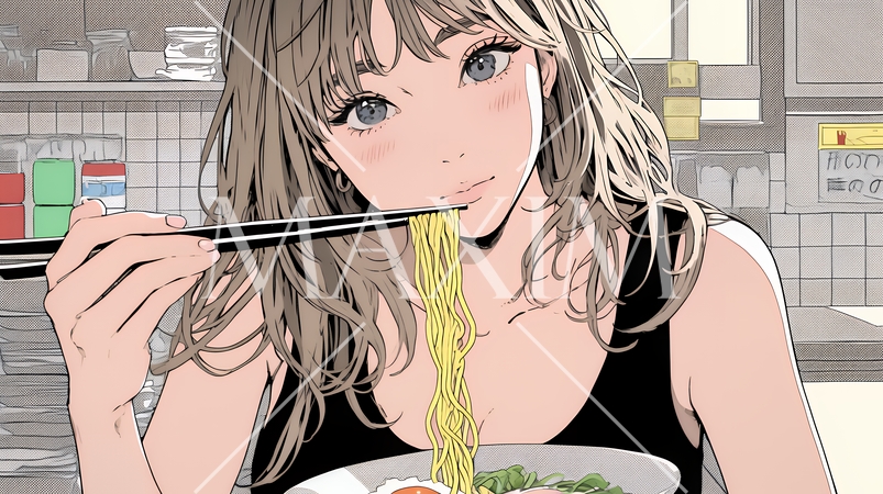 ラーメンを食べている若い女性