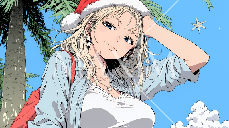 真夏（南半球）のビーチで活動中の女性のサンタクロース