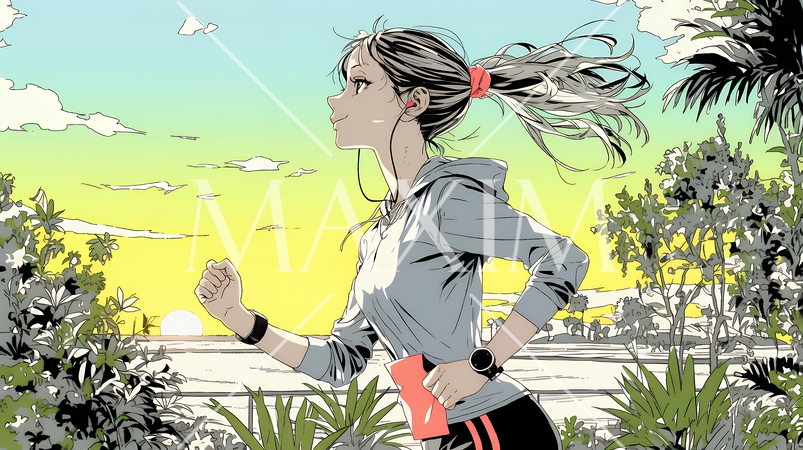 夕方の街並みを背景にジョギングをする若い女性