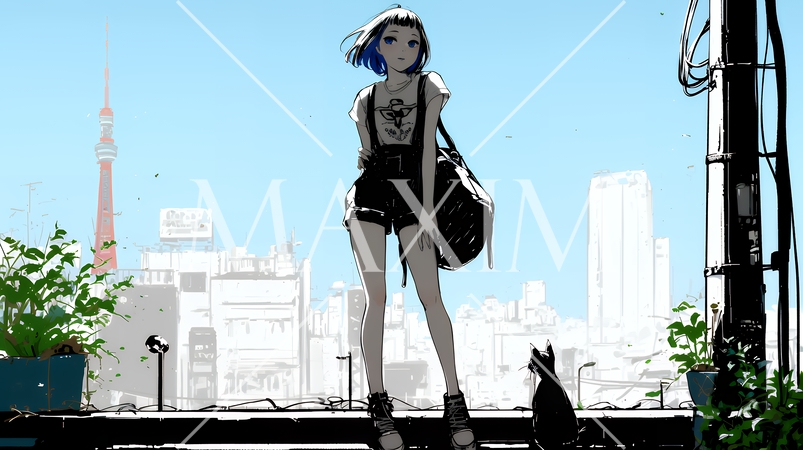 若い女性が佇む都市の街角（シンプルな色使い）