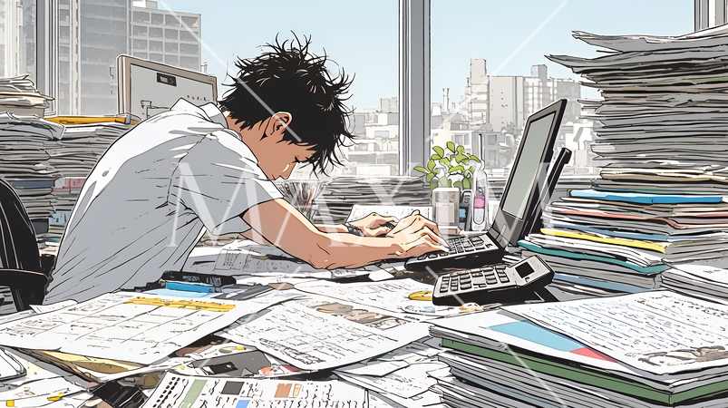 確定申告書類作成に没頭している個人事業主