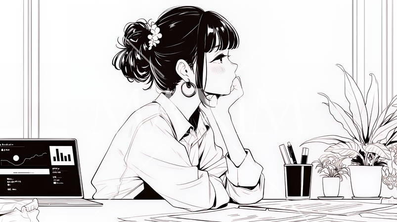 仕事に疲れた様子の女性（シンプルな色使い）