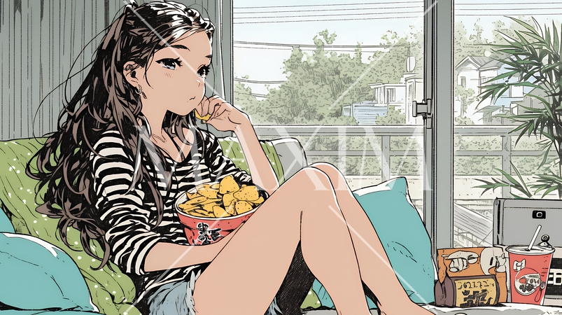 ポテトチップスをつまみながら、ひとりでビデオを観る若い女性