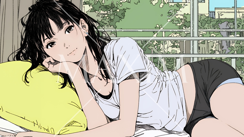 下着姿でくつろいでいる若い女性