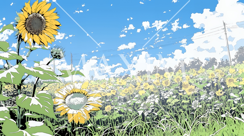 満開のひまわりと真夏の青空