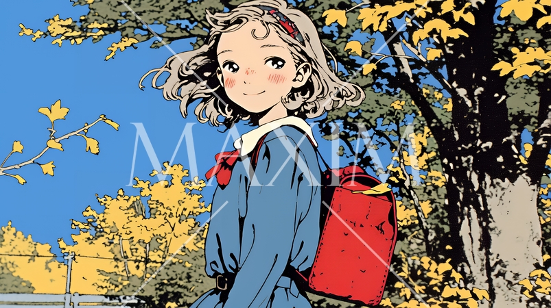 紅葉の小径を歩く少女