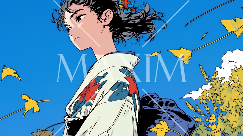 紅葉に包まれた中、着物を纏った若い女性が佇んでいる