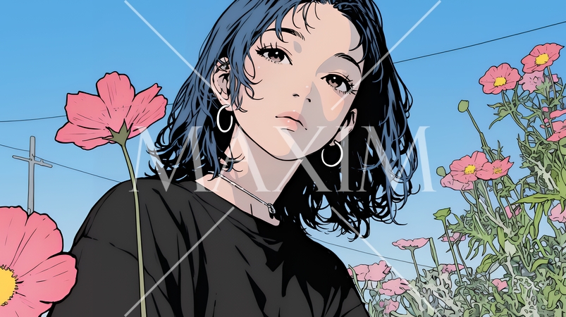 コスモス畑にいる若い女性