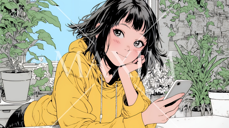 楽しそうにスマホ画面を眺めている若い女性