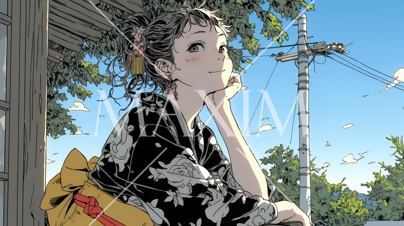 浴衣姿で夕涼みをしている若い女性