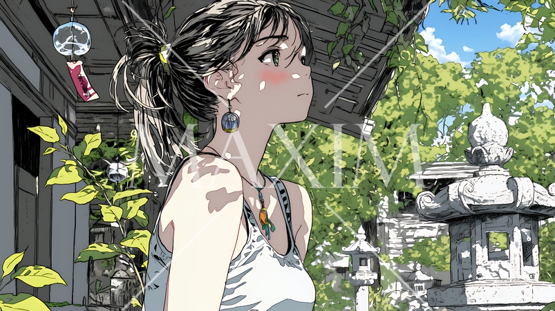 風鈴の音色を聞いている若い女性