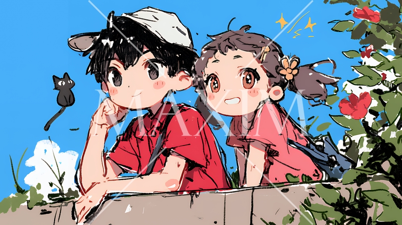 小学生の夏の思い出：初デート（クレヨン＋水彩画風）