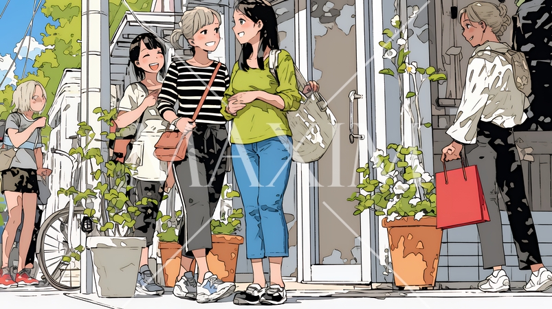 道端で会話を楽しむ若い主婦たち（ママ友たち）