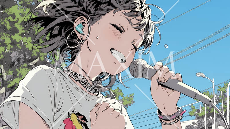 ステージでマイクを握り、情熱的に歌い上げる女性