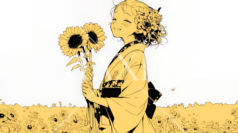 ひまわりと女性（シンプルな色使い）