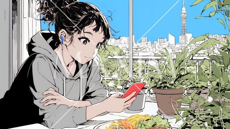 食事の最中もスマホを手放せない若い女性