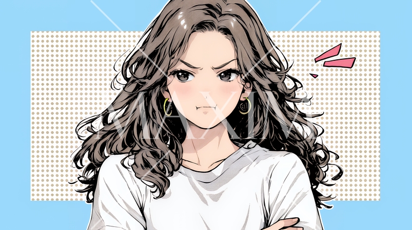 頬を膨らませ、腕を組んでイライラしている女性