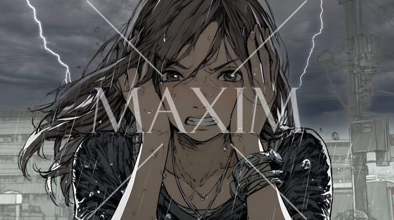 雷にひどく怯えている若い女性。