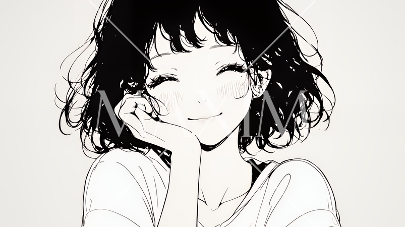 「うふふ」と微笑んでいる若い女性（シンプルな色使い）