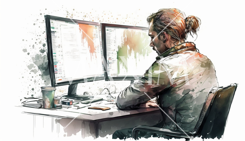 デスクに向かって取引画面を操作する男性トレーダーの横顔。