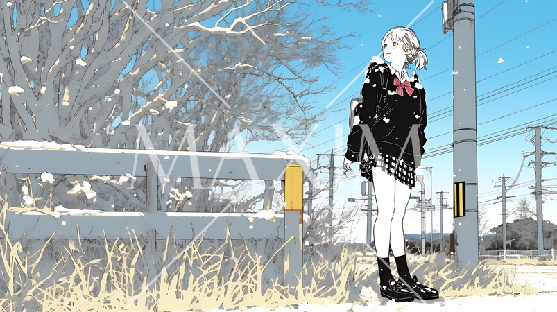 冬枯れの郊外の道を歩く若い女性