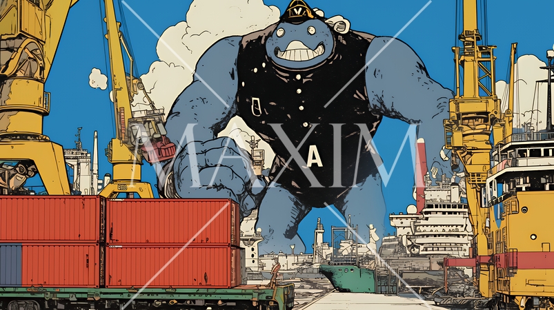 巨大関税ロボットが自由貿易港のコンテナ基地を破壊して、輸出入を妨害している