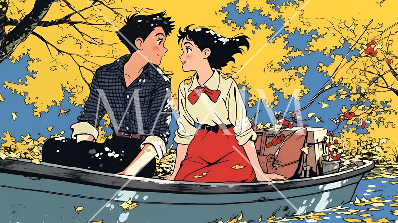 紅葉の湖でボートに乗っている若いカップル