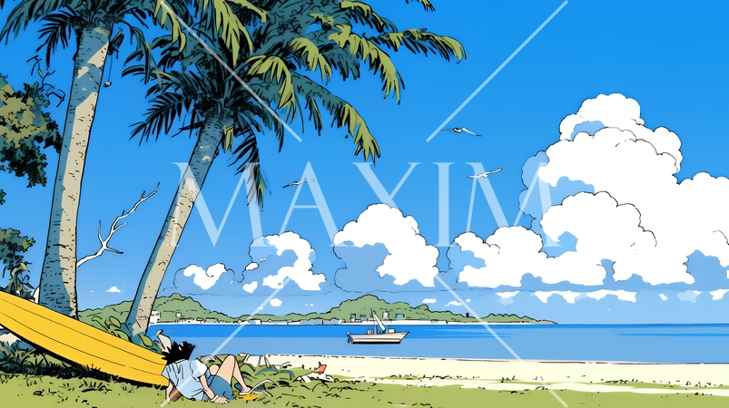 やしの木と海岸と海と青空がきれいな南国のリゾート：コピースペースあり