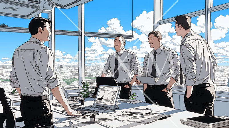 オフィスで立ったまま簡単な打合せをしているビジネスパーソン