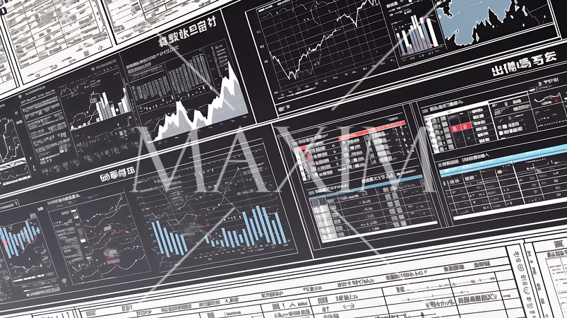 様々なチャートや数値表など様々な計量指標がランダムに空間に散りばめられた背景