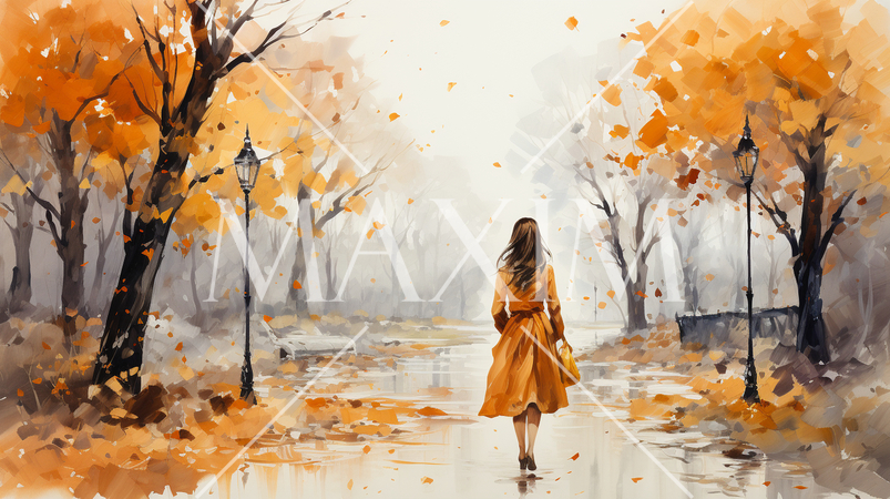 若い女性がいる秋の公園：木々が色づいている水彩画