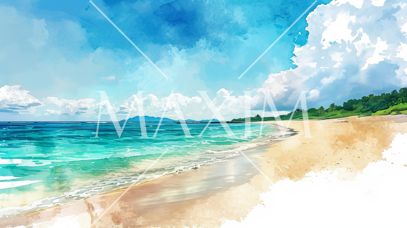 南国の島の浜辺と青い空のイラスト