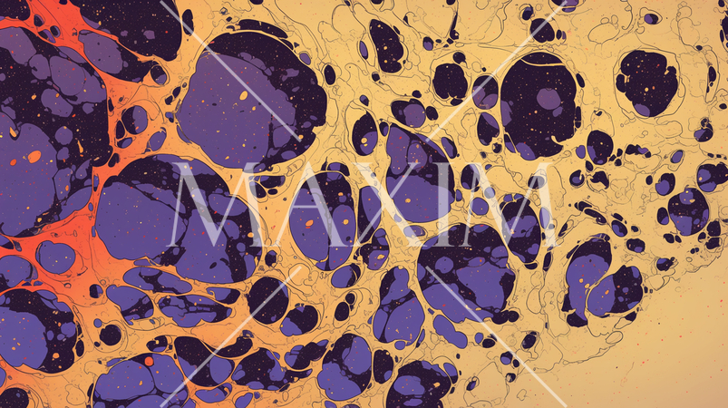 細胞の夢想：抽象、泡、細胞、紫、オレンジ、黄色、コントラストのある背景画