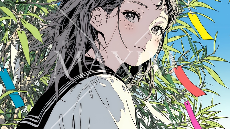 七夕飾りと制服を着た女子高生