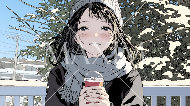 寒い冬、温かい飲み物を手にして、ふっと幸せそうに微笑む若い女性