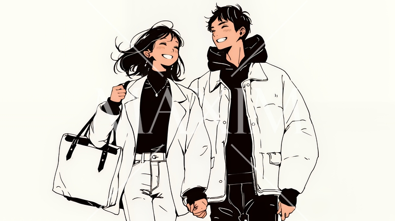 希望に満ちたライフスタイルを過ごす若いカップル：未来を見つめている（シンプルな色使い）