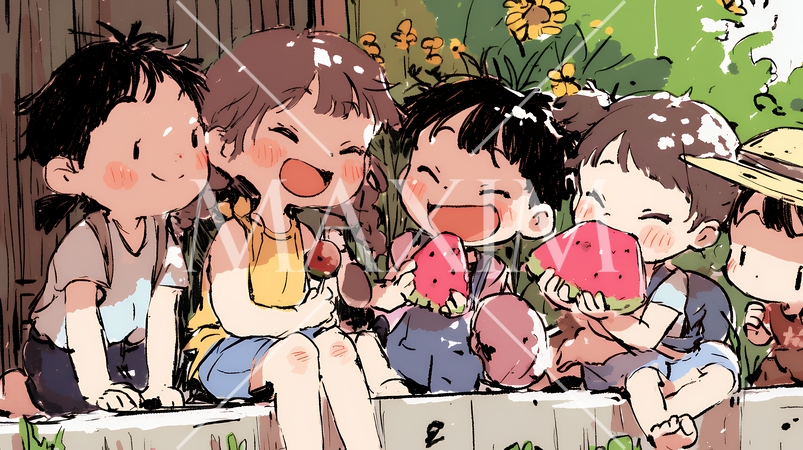 小学生の夏の思い出：みんなでスイカを食べる（クレヨン＋水彩画風）