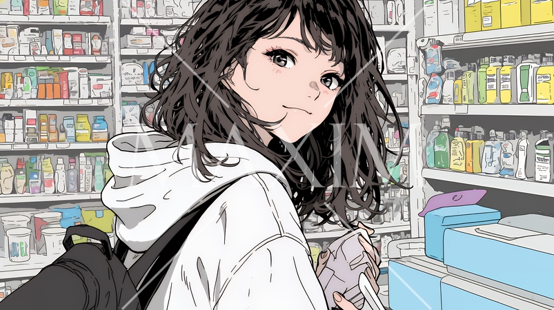 ドラッグストアでコスメを選ぶ若い女性