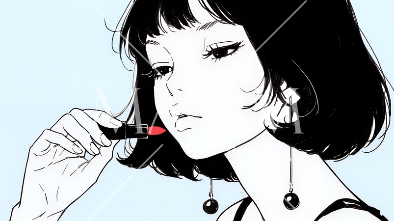 化粧をしている（口紅をつけている）若い女性（シンプルな色使い）