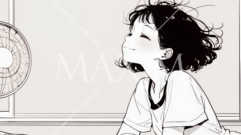 暑い夏の昼下がり、扇風機にあたって涼んでいる若い女性（シンプルな色使い）