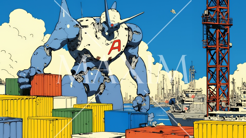 巨大関税ロボットが自由貿易港のコンテナ基地を破壊して、輸出入を妨害している