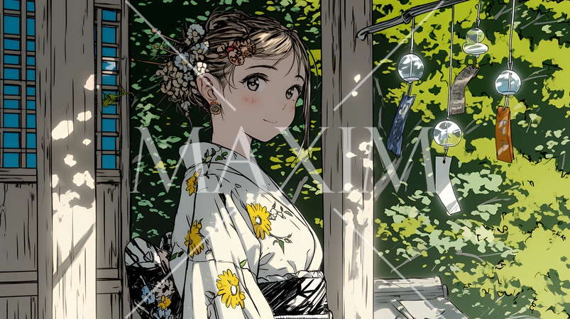 風鈴の音色を聞いている若い女性