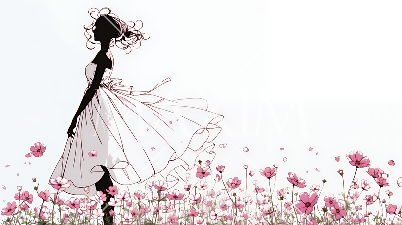 コスモス畑にいる若い女性（シンプルな色使い）