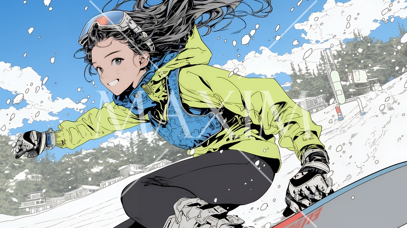 スノーボードを楽しんでいる若い女性