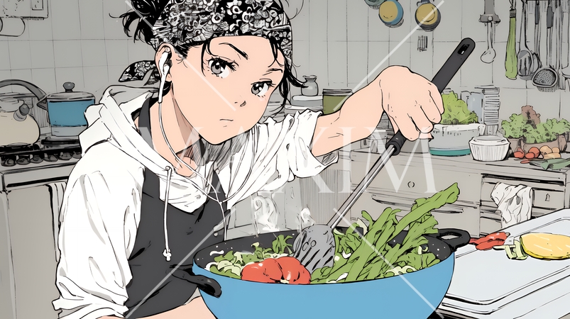 なれない料理に奮闘中の若い女性