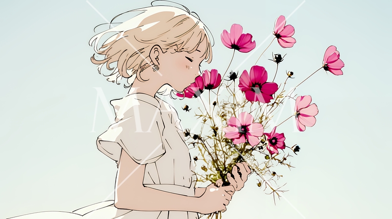 コスモス畑にいる若い女性（シンプルな色使い）