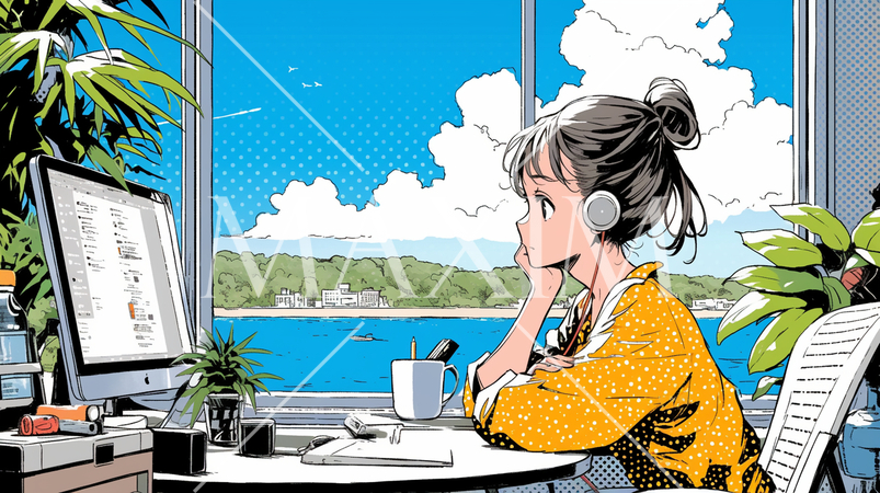 沖縄の海辺のオフィスでヘッドセットをつけてPCを操作している若い女性