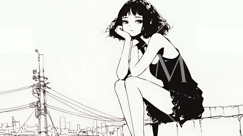 若い女性が佇む都市の街角（シンプルな色使い）