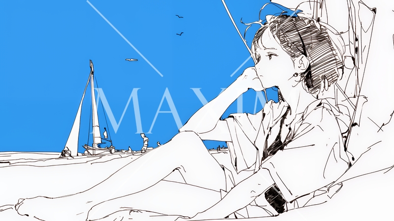 一人旅の若い女性と夏のビーチの風景（シンプルな色使い）